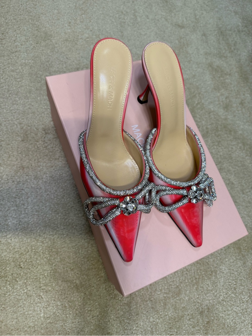 MACH & MACH Red Crystal Bow Pointed-Toe Mules